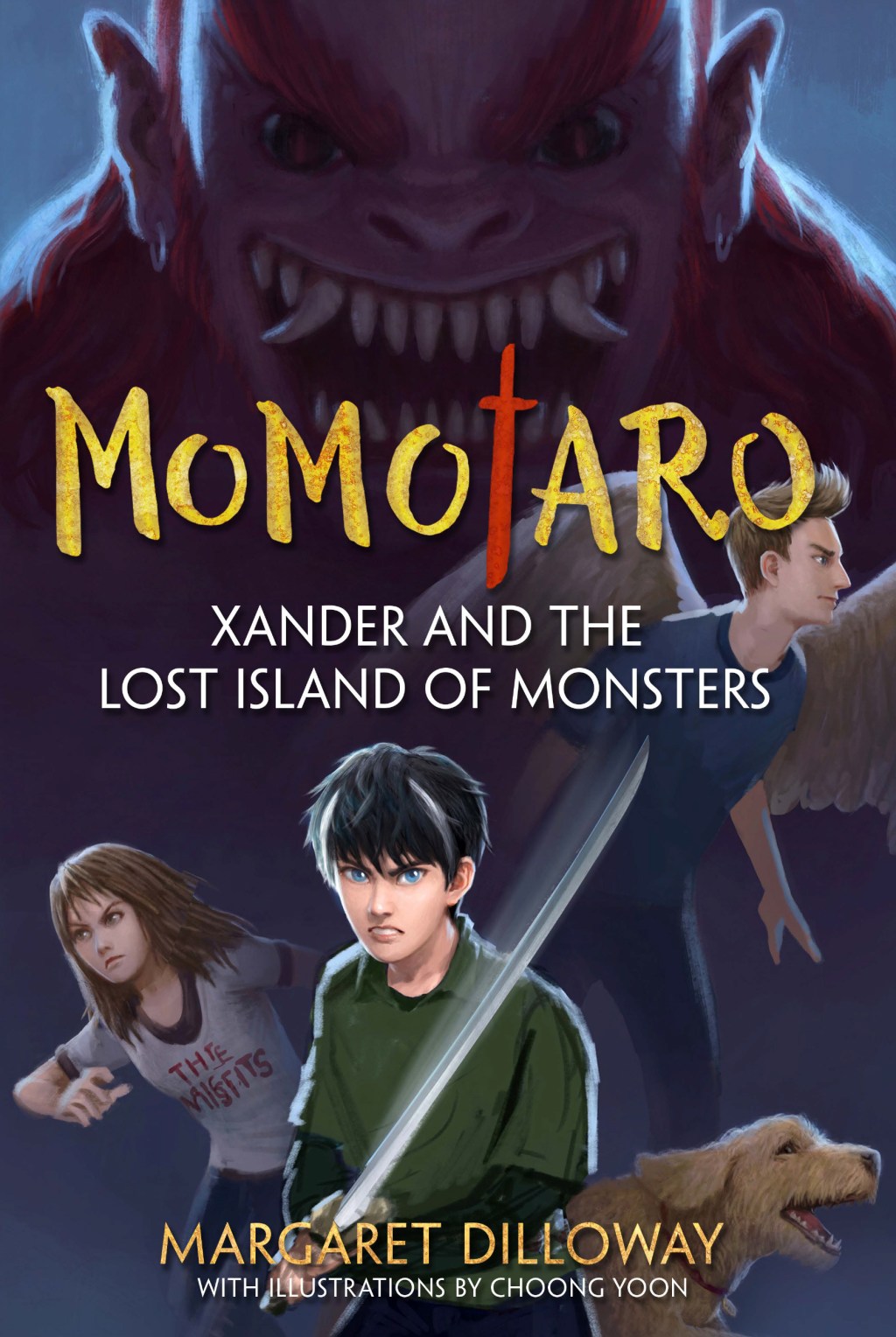 Book cover for "Momotaro: Xander and the Lost Island of Monsters". Shows three anime-style kids and a dog posing in the foreground with an oni looming in the background.